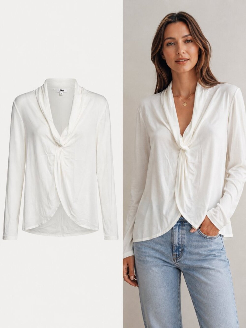 LNA | White Draped Cowl Neck Long Sleeve Top | Size Small Rayon Minimalist